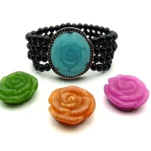 HSN Carved Jade Rose 4-in-1 Bracelet Stretch Onyx Bead Band Magnetic Flowers